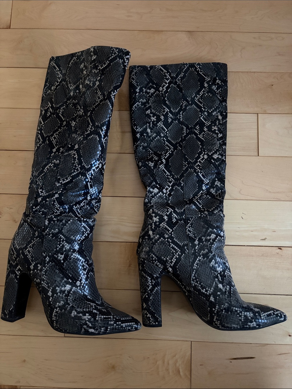 Snake-Print Over-the-Knee Heeled Boots - Black/Gray